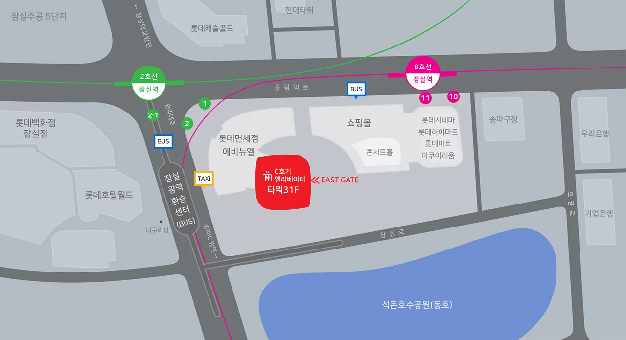 SKY31 컨벤션 오시는 길 지도: 잠실역 2호선 2번 출구, 8호선 11번 출구와 롯데월드타워 EAST GATE